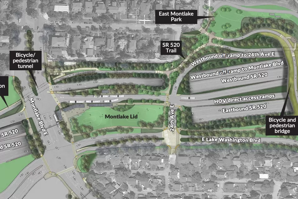 A rendering showing a planned freeway improvement project that will create a "lid" over State Route 520 for use as public open space.
